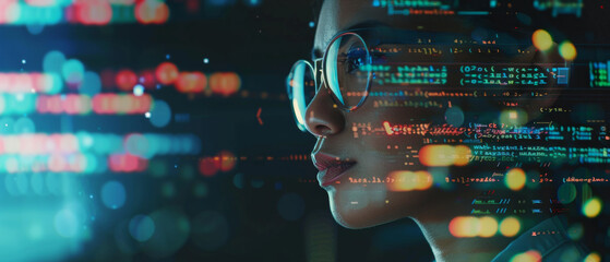 Wall Mural - woman absorbed by the vibrant digital data on her futuristic interface.