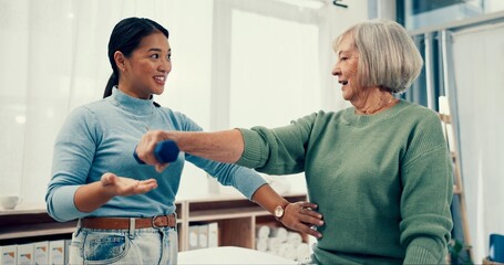 Poster - Senior care, exercise and physiotherapist with old woman, dumbbell and healthcare for nursing. Physio, rehabilitation and retirement with fitness or caregiver and elderly patient mobility training