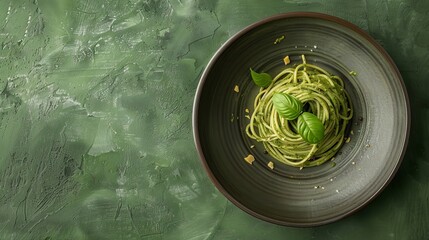 from above, a green table top featuring a porcelain plate with spaghetti pesto.