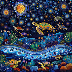 Wall Mural - Australian Aboriginal dot painting style art landscape with a river and turtles.