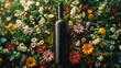 black bottle of red wine, without label, standing on the grass, surrounded by flowers