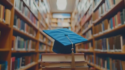 Graduation cap on the books step in the campus and university library notion of overseas education and return to school
