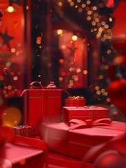 Canvas Print - 3D vector background with red gifts, gift wrapping and gift boxes