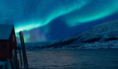 Wall Mural - red house covered with layers of snow - aurora borealis in tromso, norway in front of the norwegian 