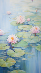 Wall Mural - Water lilies painting flower painter watercolor oil pastel, Claude Monet, three paintings, photo printing, print, interior, art, retro, mural, vintage background impressive lily lotus - generative AI