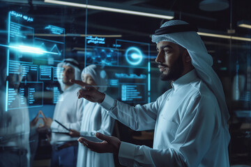 Side view of Arab businessman touching hologram display while checking digital information in modern office, working on a new project with his team