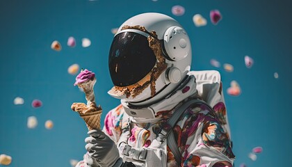 A man in a space suit with a helmet is floating in space while enjoying an ice cream cone. He appears to be calmly eating the dessert in the unique environment.