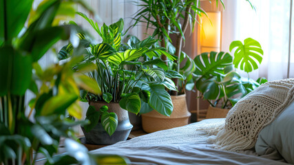 Wall Mural - Interior of cozy bedroom with green houseplants in pots.