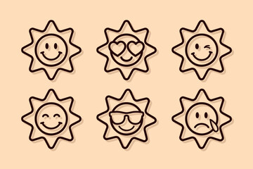 Sticker - sun emoji set, set of thin line smile emoticons isolated on an orange background, vector illustration