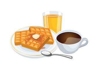 Waffle, cup of coffee and orange juice drink vector illustration. Cup of coffee and waffles with syrup icon set vector isolated on a white background. Sweet breakfast still life