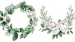 Watercolor floral illustration set bouquet, wreath, frame green leaves, pink peach blush white flowers branches. Wedding invitations, greetings, wallpapers, fashion, prints. Eucalyptus. Generative Ai