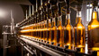 Bottling line or bottling plant of beer bottles in a brewery factory. Generative Ai.