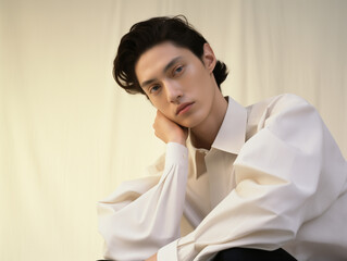 portrait of a beautiful young man wears white blouse, Against a plain, light beige backdrop that fades into the back. fashion lifestyle photography. editorial portrait suffused with earthy tones.