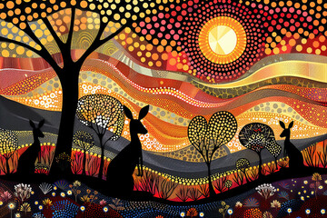 Australian Aboriginal dot painting style art landscape with kangaroos.