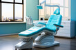 Contemporary dental office boasting a stylish blue dental chair with a view of the cityscape through large windows