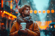 Thoughtful man in winter attire with a takeaway coffee cup, surrounded by snowflakes and city lights.