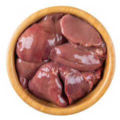 Fresh raw chicken liver in wooden bowl isolated on white background. Top view.