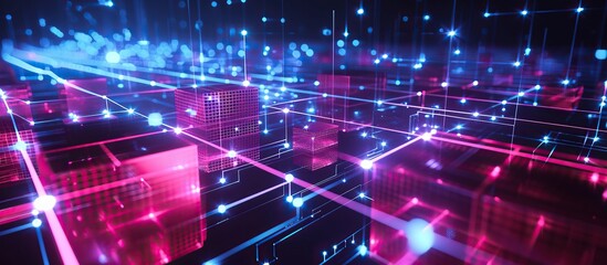 Abstract and futuristic neon blue color cube technology background.