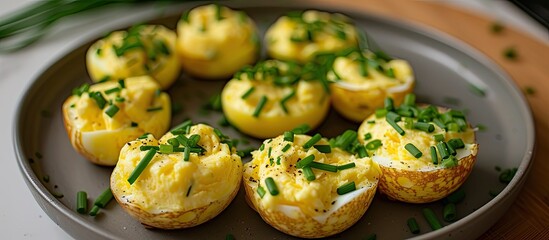 Canvas Print - A plate featuring egg bites topped with fresh chives, creating a savory and aromatic dish perfect for breakfast or brunch.