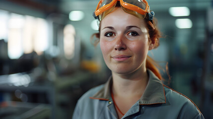 Wall Mural - happy  woman with red iris, smirking, standing in an technical office, wearing work clothing, orange safety glasses on her head