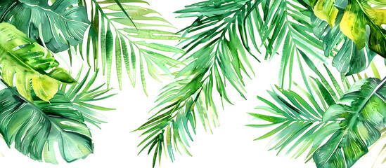 Wall Mural - A watercolor vector illustration set featuring tropical leaves, exotic plants, palm leaves, and monstera isolated on a white background.