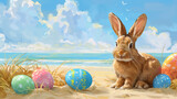 Fototapeta Tęcza - easter bunny and easter eggs, rabbit and easter painted eggs on summer, sand beach, Easter wallpaper with easter eggs in a basket, Easter day, Easter poster and banner template with Easter , Ai