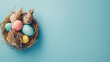Fototapeta Tęcza - Easter egg in nest, Two adorable Easter bunnies snuggled in a nest among, Easter wallpaper with easter eggs in a basket, Easter day, Easter poster and banner template with Easter eggs, Ai 