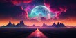 Vibrant digital landscape featuring a neon-lit road under a tremendous full moon and surreal sky