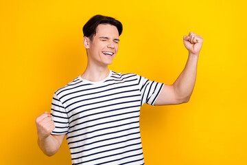 Sticker - Photo of ecstatic satisfied guy with stylish hairdo dressed striped t-shirt scream yeah win lottery isolated on yellow color background