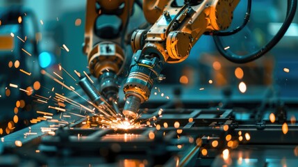 Wall Mural - a robotic arm meticulously welds together steel assembly joint connection parts, emitting sparks and intense heat in a manufacturing facility.