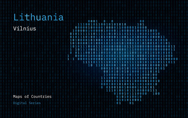 Lithuania Map Shown in Binary Code Pattern. Matrix numbers, zero, one. World Countries Vector Maps. Digital Series
