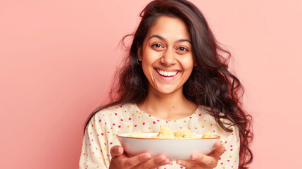 Sticker - modern indian woman in her 30s joyfully presenting a plate of indian food