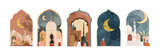 Fototapeta Natura - Ramadan Kareem. Eid Mubarak. Vector illustration of Islamic Muslim city, street, mosque, crescent, window, arch for logo, sign or icon. Muted colors