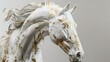 golden vigil: an elegant white horse statue with peeling gold leaf, its alert posture capturing a moment of timeless vigilance and fading grandeur