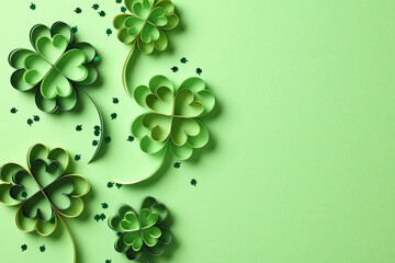 Sticker - St Patricks day banner design. Top view paper cut four leaf clover with confetti on green background.