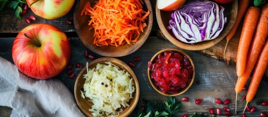 Poster - A wooden table is covered with various wooden bowls filled with healthy eating fermented food, including sauerkraut, shredded cabbage, apples, and carrots. The bowls are placed on a rustic background.