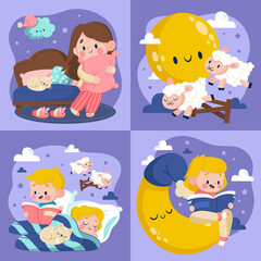 Wall Mural - Bedtime illustrations in flat cartoon style