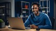 Smiling young African American man wearing headphones