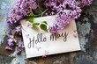 Hello May hand lettering card. Spring lilac flowers in envelope. banner