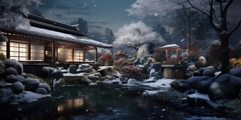 Wall Mural - Onsen ryokan or a traditional classic modern Japanese house with Japanese garden in wintertime.