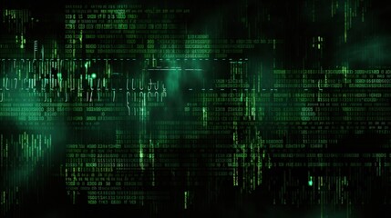 Dark green background with computer code