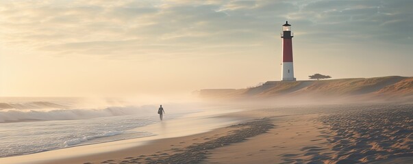 Wall Mural - Lone person walking along a beach shoreline toward a lighthouse. Coast with hazy morning light and wave