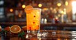 a glass of orange drink with ice and orange slices on a wooden table