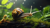 Fototapeta  - Close up of a snail crawls on wet moss, on blurred background 