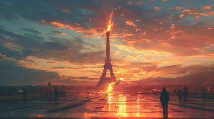 Minimalist Elegance: Artful Depiction of the Eiffel Tower in Painterly Style, Symbolizing Olympic Excellence