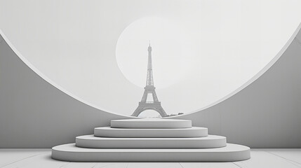 Subtle Triumph: Minimalist Neutrals Depicting the Eiffel Tower on a Podium, Symbolizing Olympic Representation