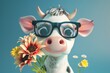 a cartoon cow wearing glasses and holding flowers