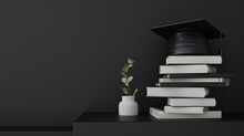A Stack Of Books With A Graduation Cap And A Plant In A Vase