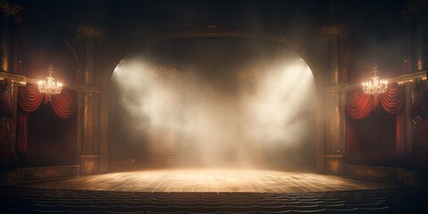 Canvas Print - Theater stage light background with spotlight illuminated the stage for opera performance. Empty stage with warm ambiance colors, fog, smoke