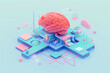 3 d isometric illustration of human brain, pink and blue colors, tech style, health day concept. Generation AI